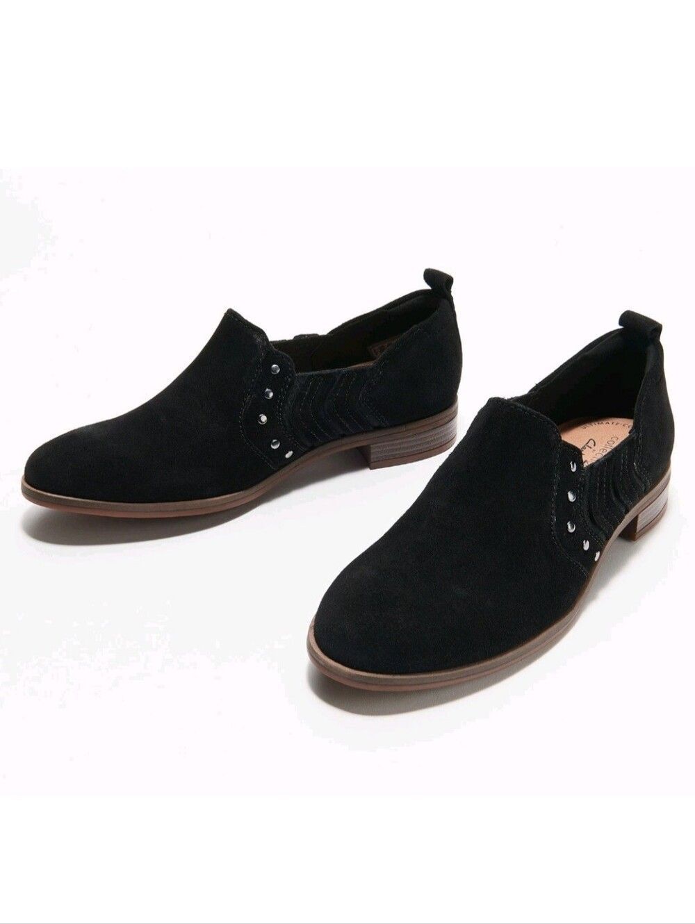 Clarks Collection Black Suede Trish Bell Studded Slip On Booties Size 9 WIDE
